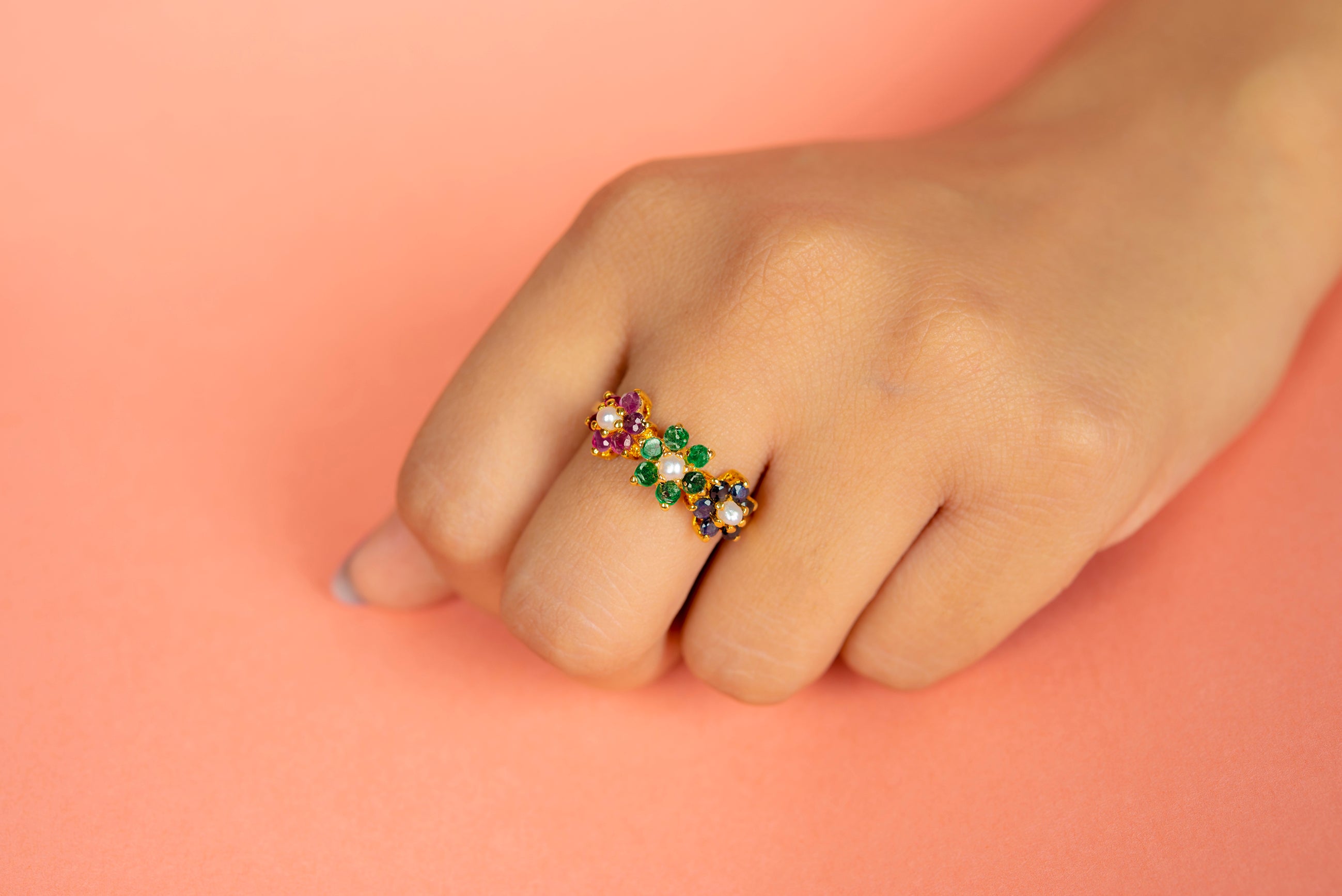 Natural Ruby, Emerald And Sapphire Ring