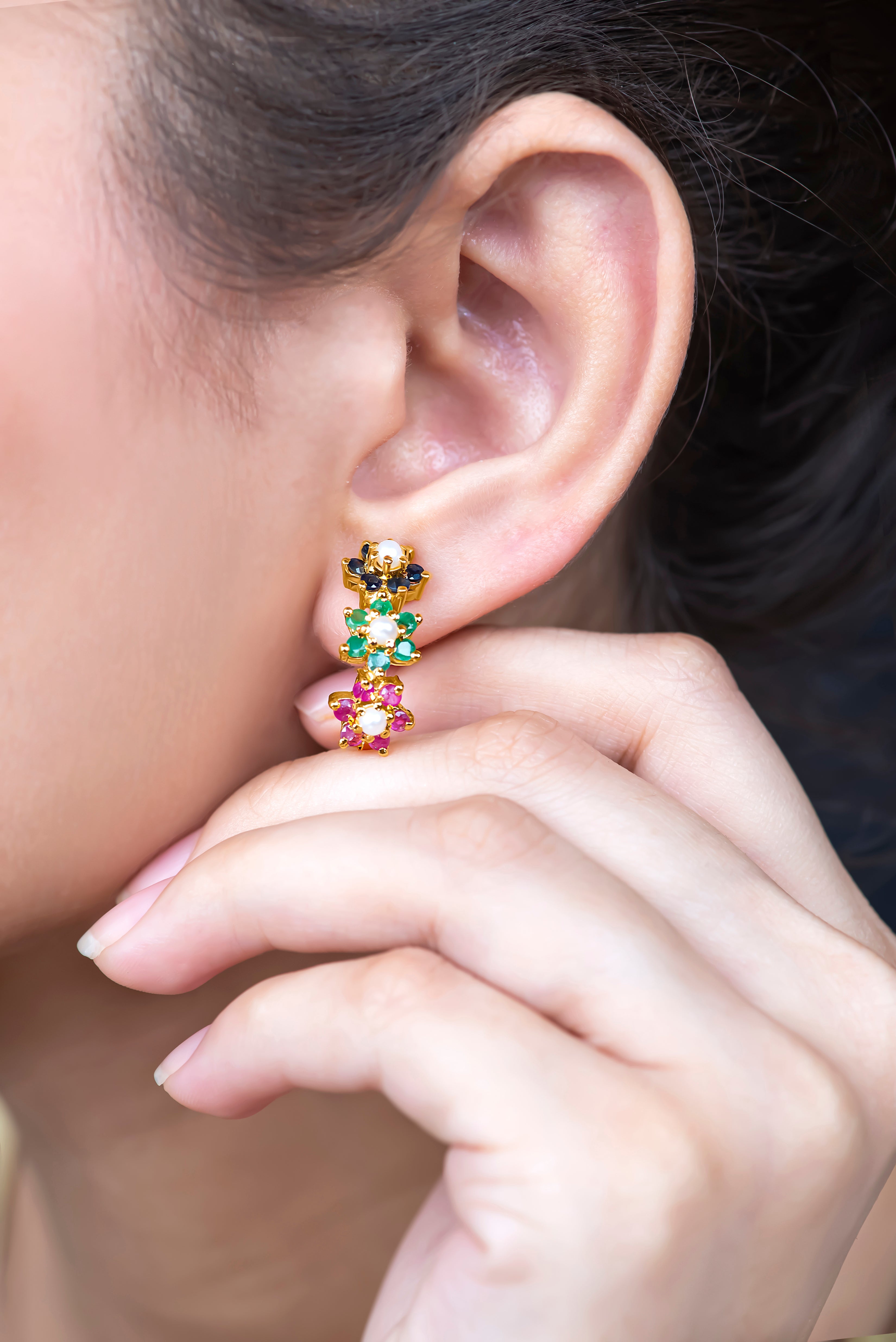 Trinity Of Ruby, Emerald, And Sapphire Earrings
