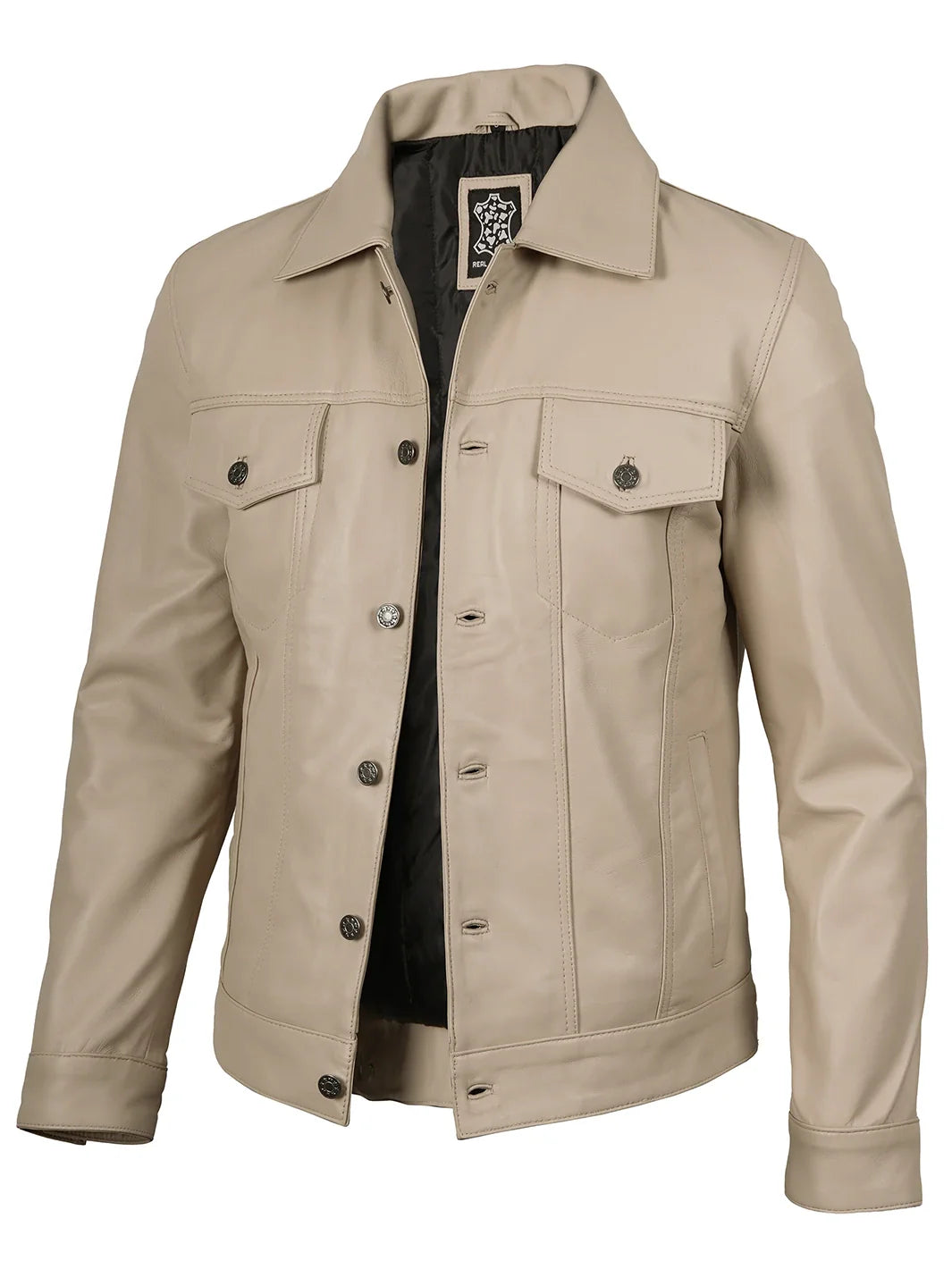 Fernando Men's Beige Real Trucker Leather Jacket