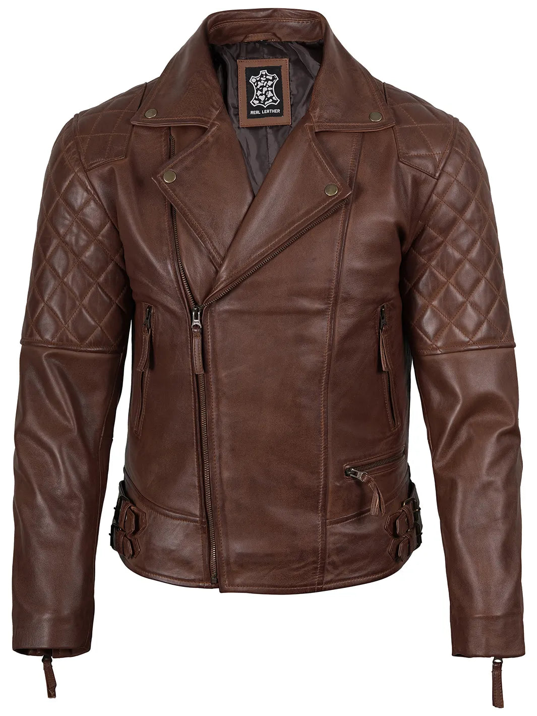 Frisco Mens Dark Brown Quilted Asymmetrical Leather Biker Style Jacket