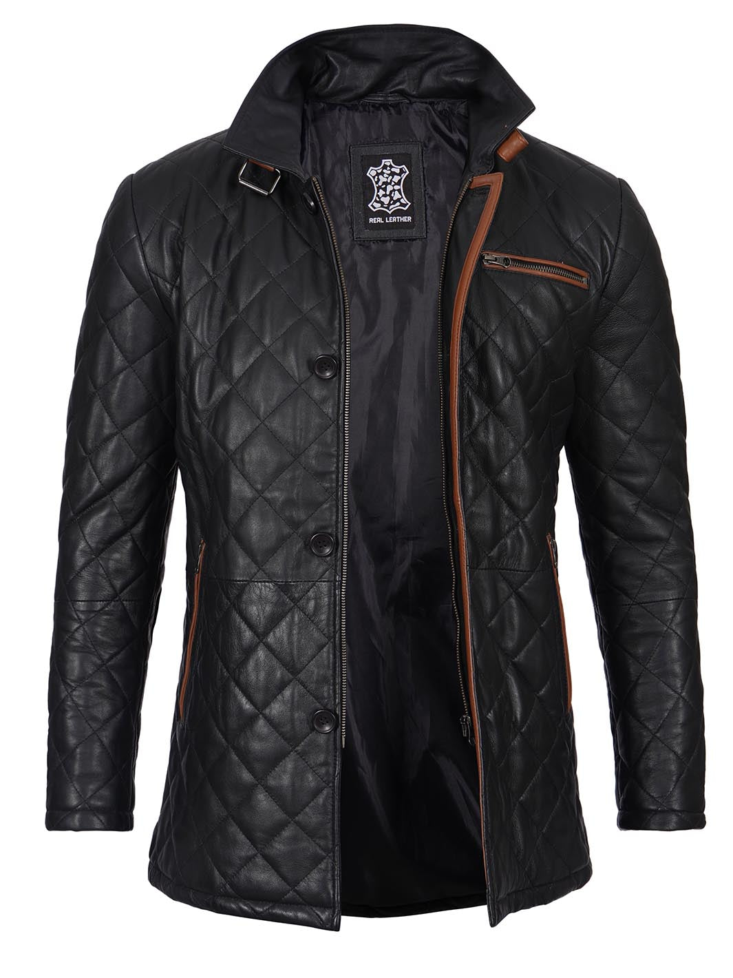 Glen Mens Black Quilted Leather Car Coat