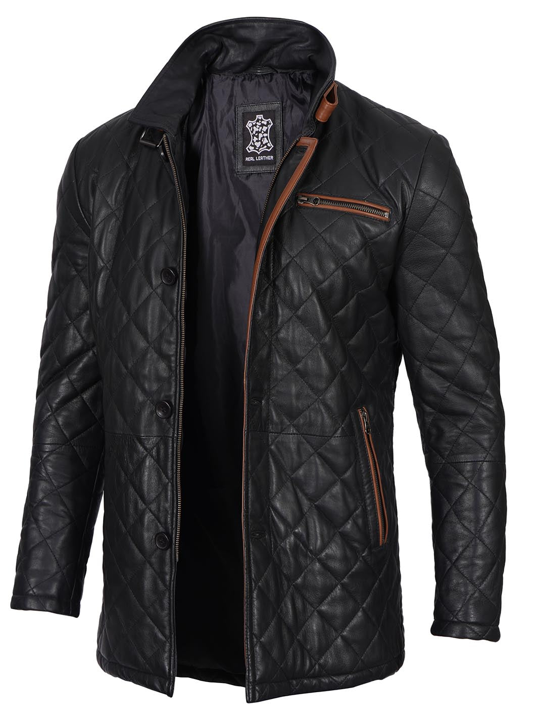 Glen Mens Black Quilted Leather Car Coat