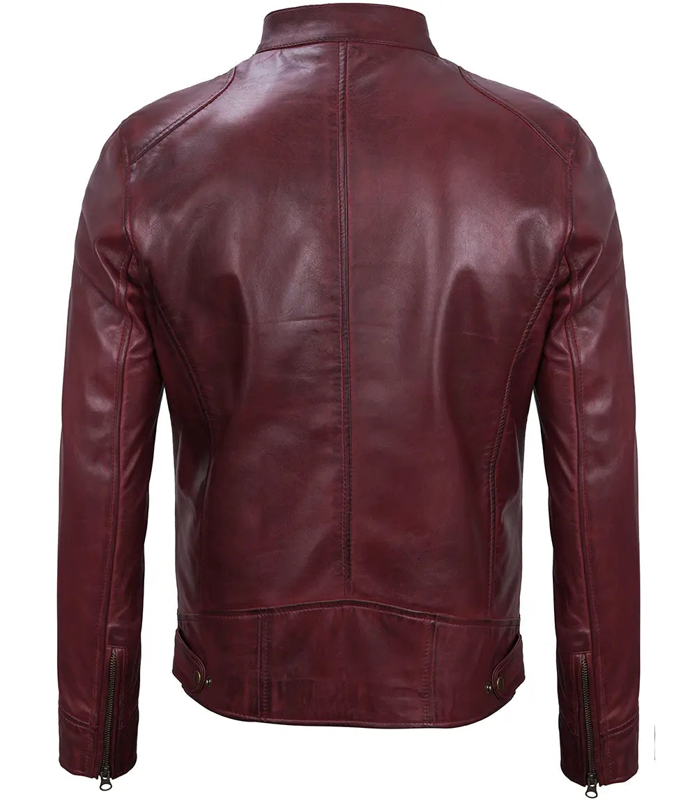Dodge Men's Burgundy Cafe Racer Style Leather Jacket
