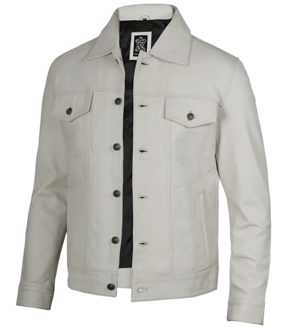Fernando Men's Off White Leather Trucker Jacket