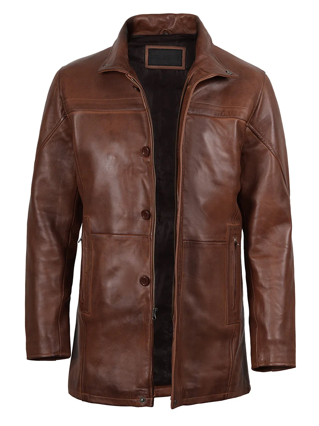 Bristol Men's Vintage Cognac Brown Leather Car Coat
