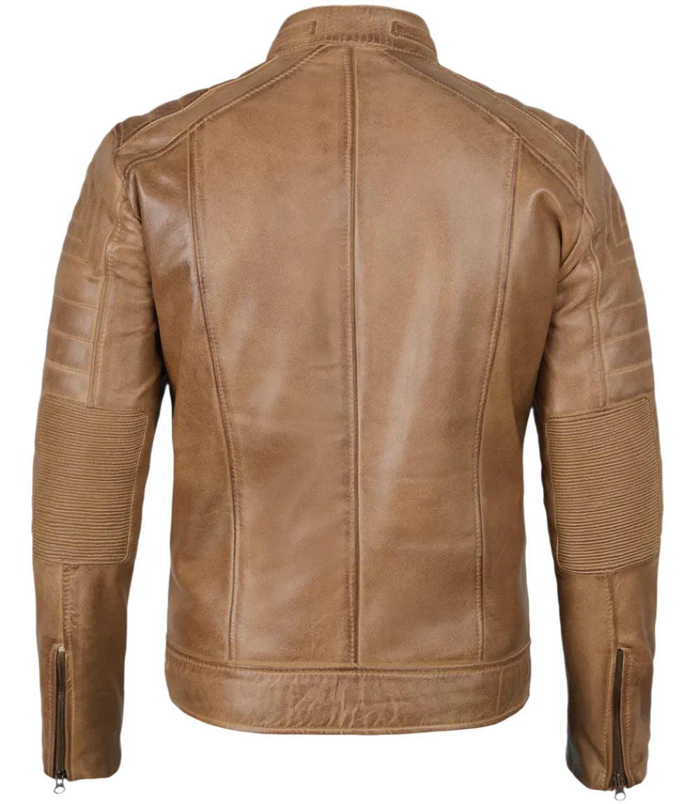 Austin Mens Distressed Tan Brown Cafe Racer Real Leather Jacket