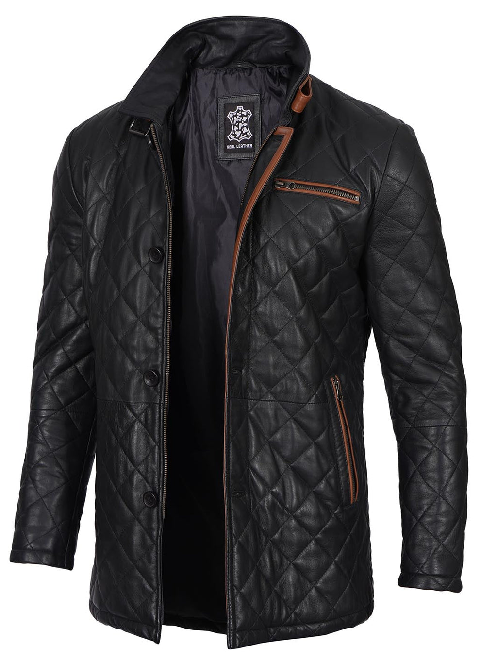 Glen Mens Black Quilted Leather Car Coat