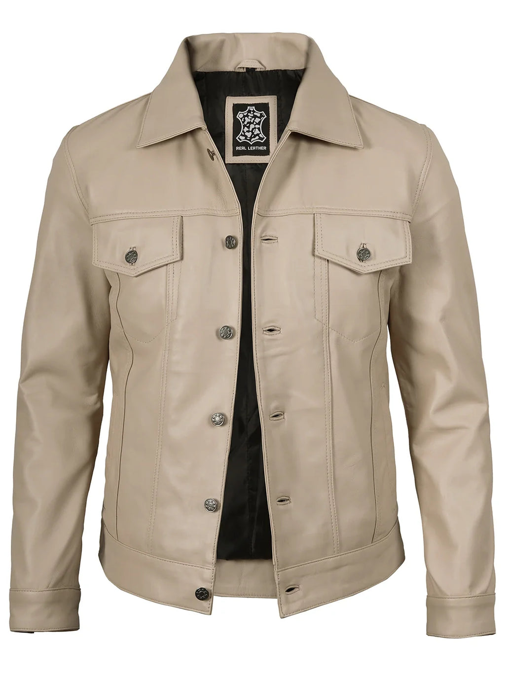 Fernando Men's Beige Real Trucker Leather Jacket