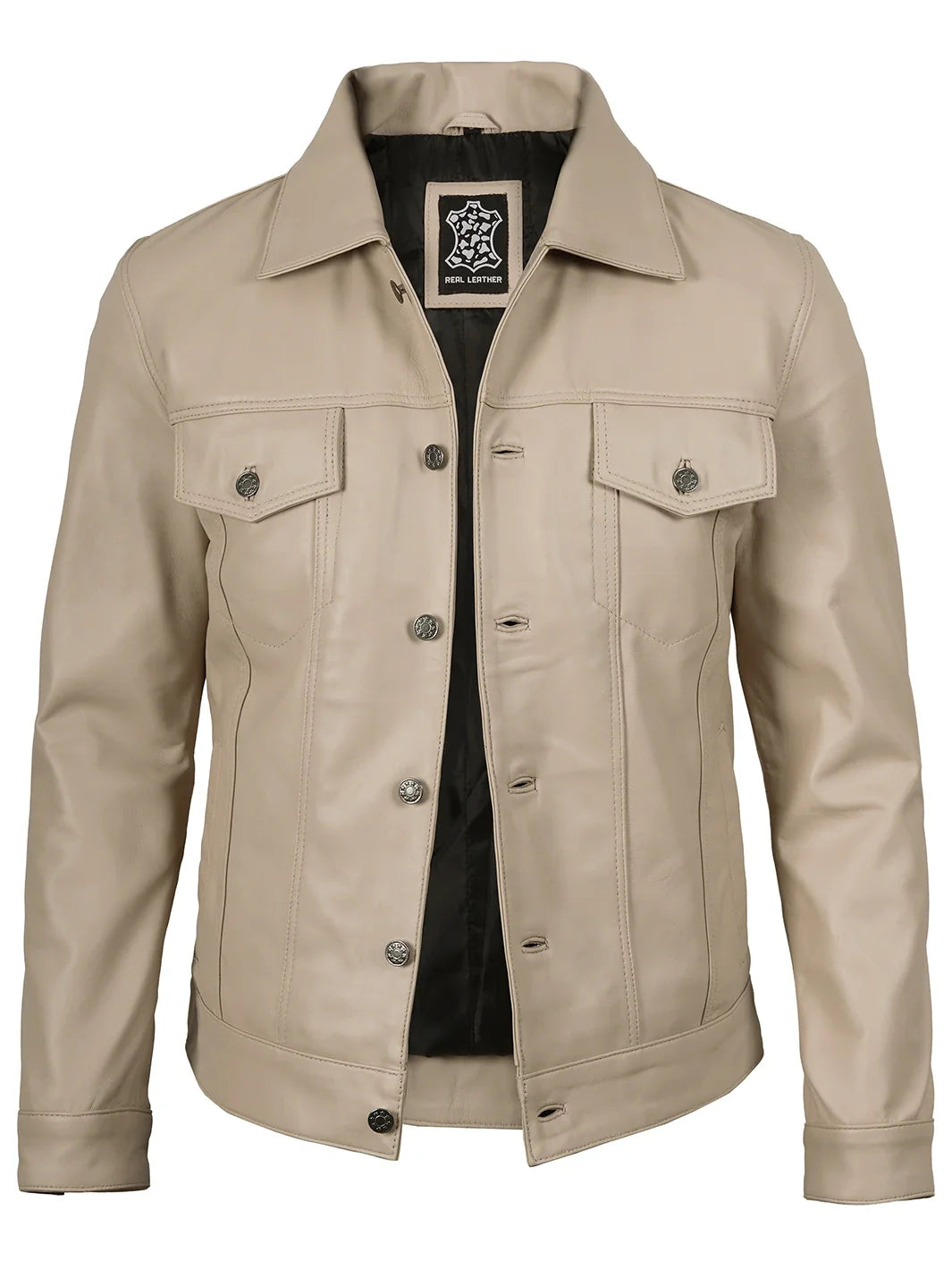 Fernando Men's Beige Real Trucker Leather Jacket