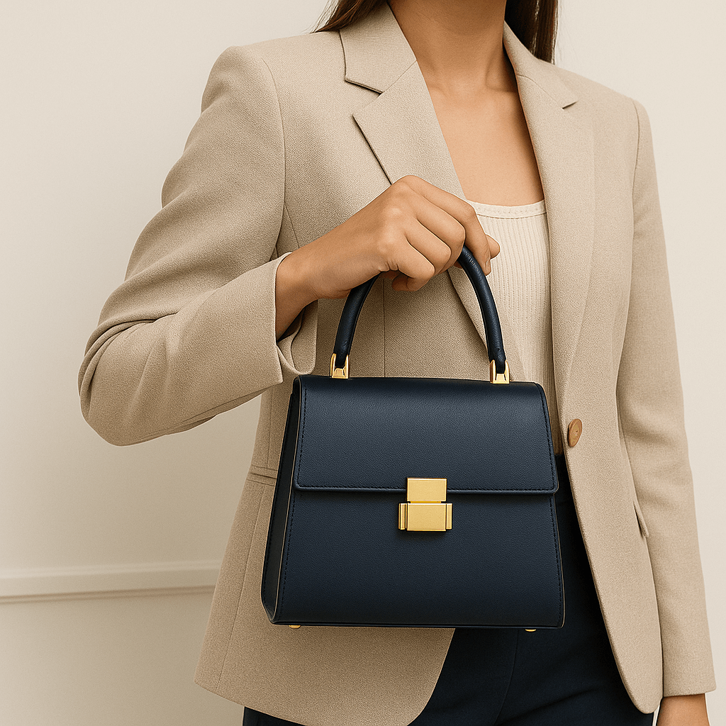 Nuvia Bloom Luna Box Satchel Bag for Women – Navy Leather