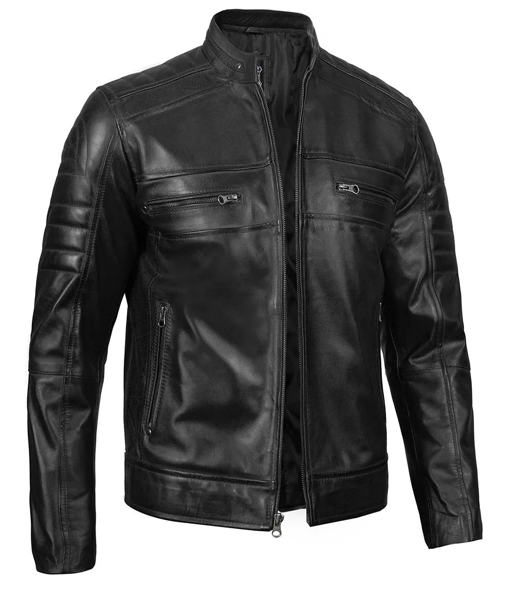 Austin Mens Tall Black Cafe Racer Leather Jacket