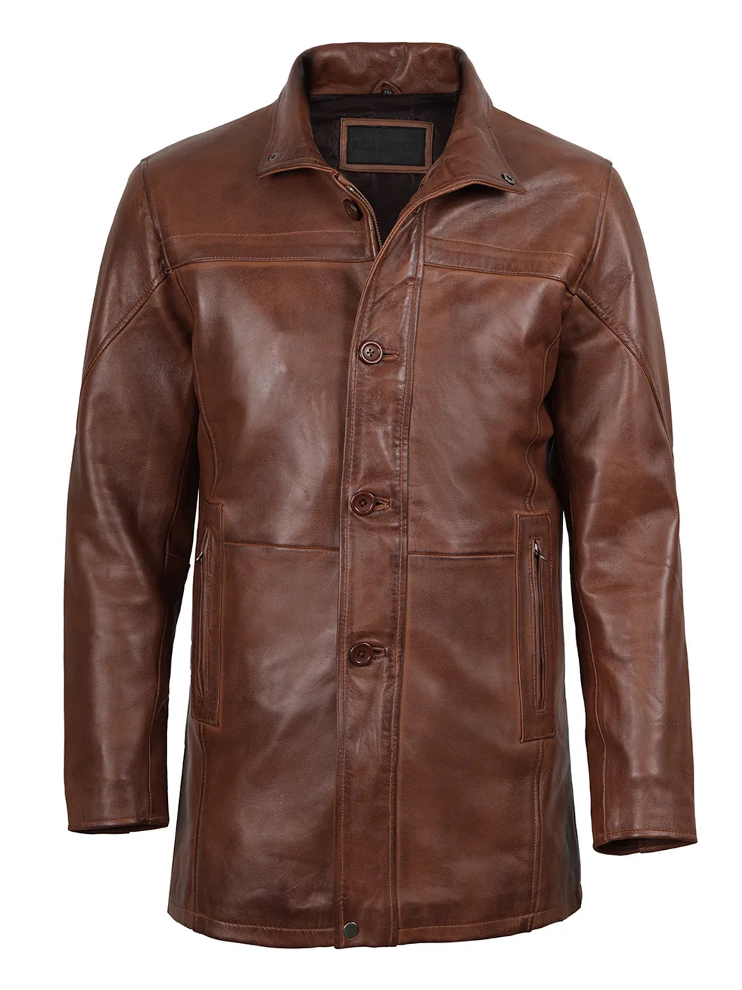 Bristol Men's Vintage Cognac Brown Leather Car Coat