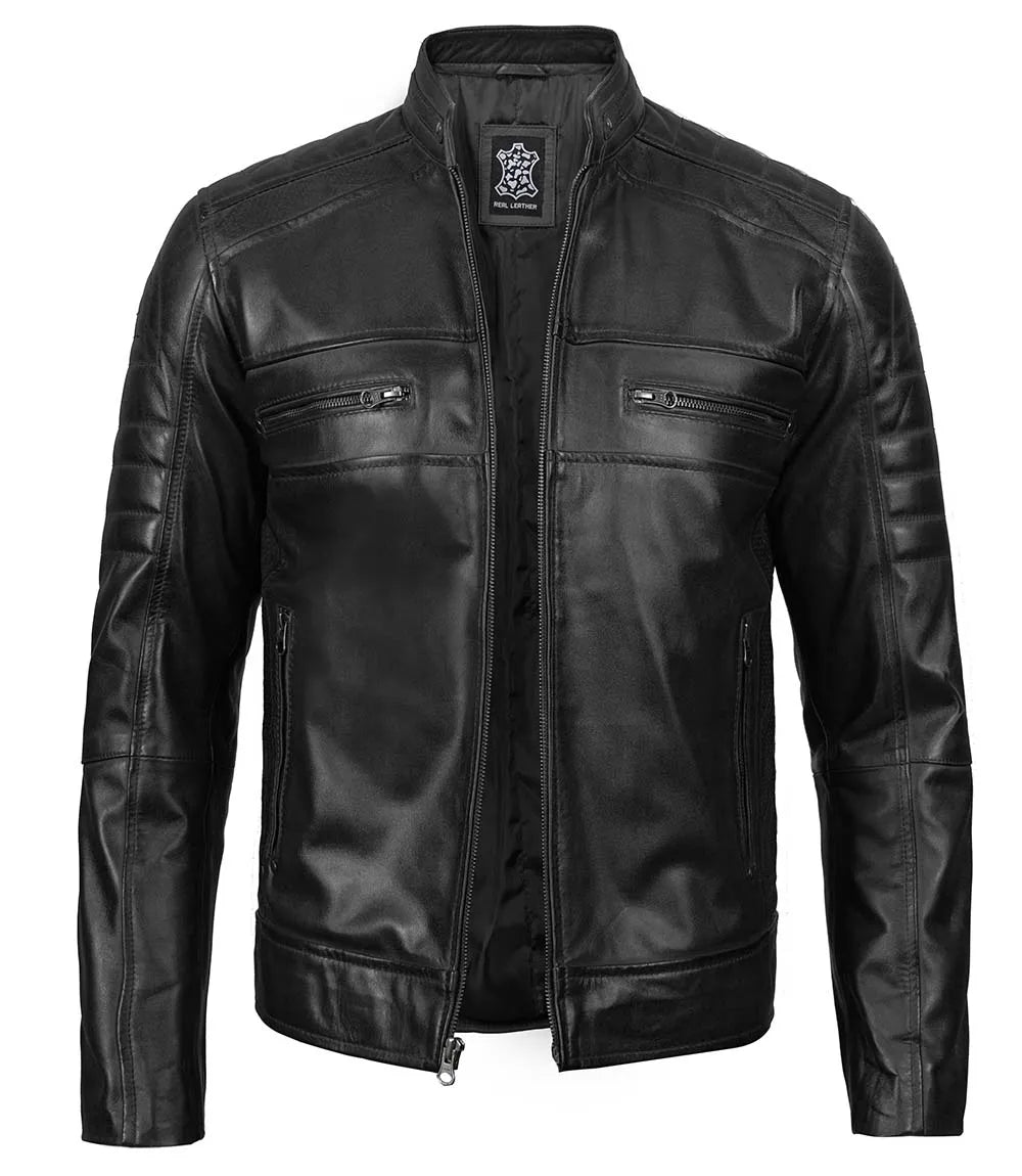 Austin Mens Tall Black Cafe Racer Leather Jacket