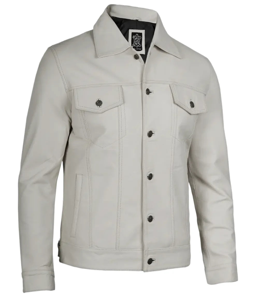Fernando Men's Off White Leather Trucker Jacket