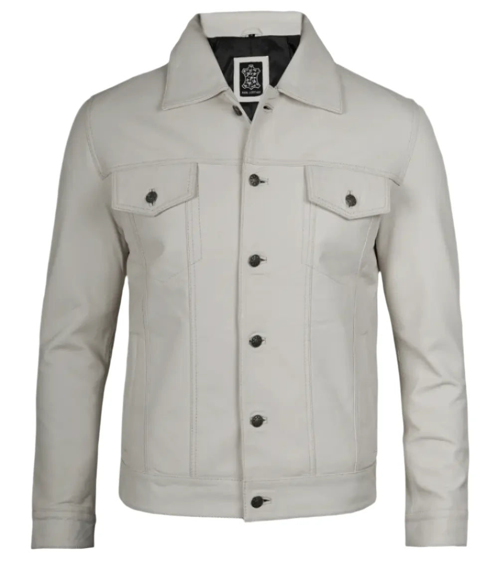 Fernando Men's Off White Leather Trucker Jacket