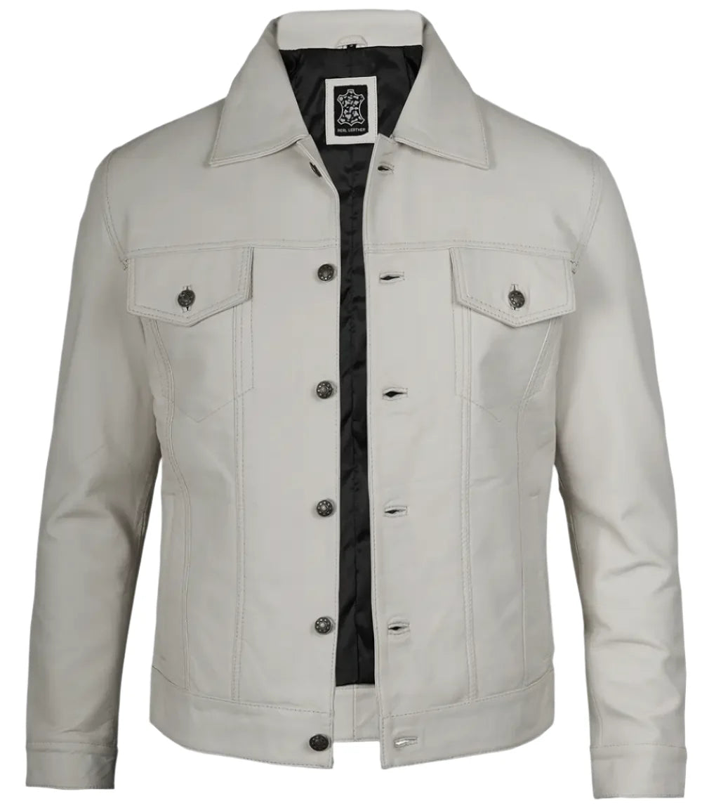 Fernando Men's Off White Leather Trucker Jacket