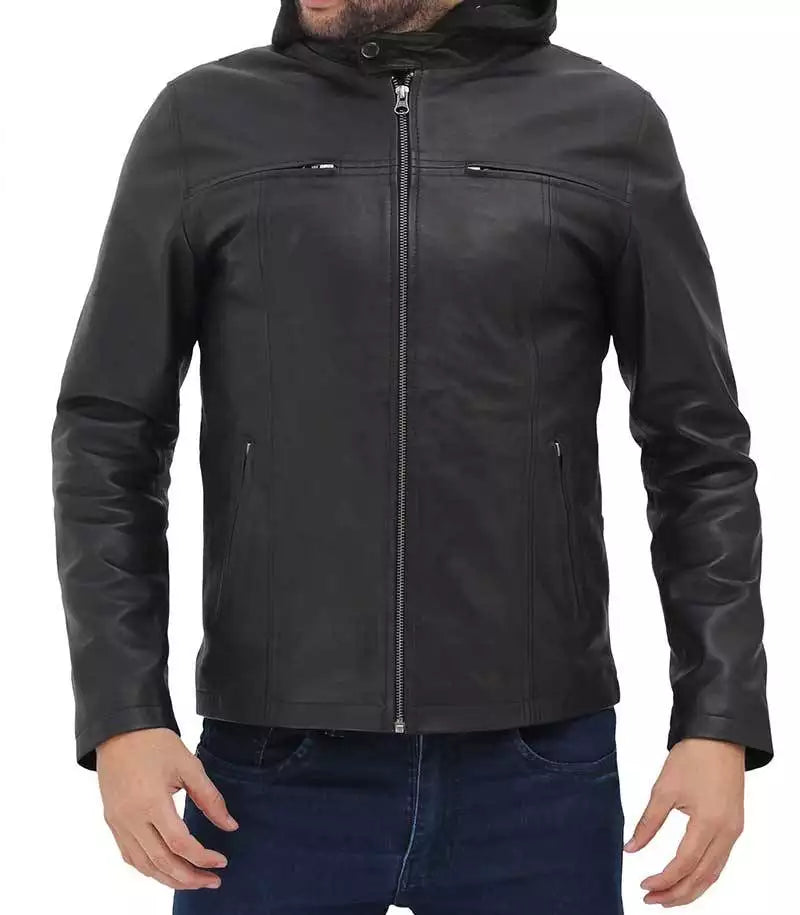 Jonathan Mens Black Cafe Racer Style Leather Jacket with Removable Hood