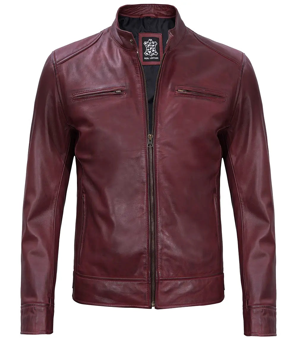 Dodge Men's Burgundy Cafe Racer Style Leather Jacket