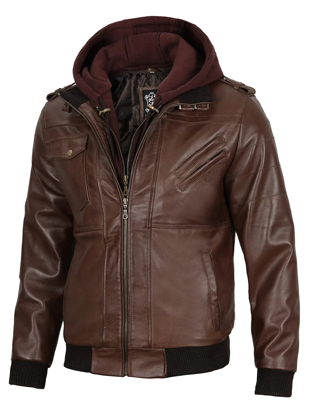 Edinburgh Men's Dark Brown Leather Bomber Jacket With Removable Hood