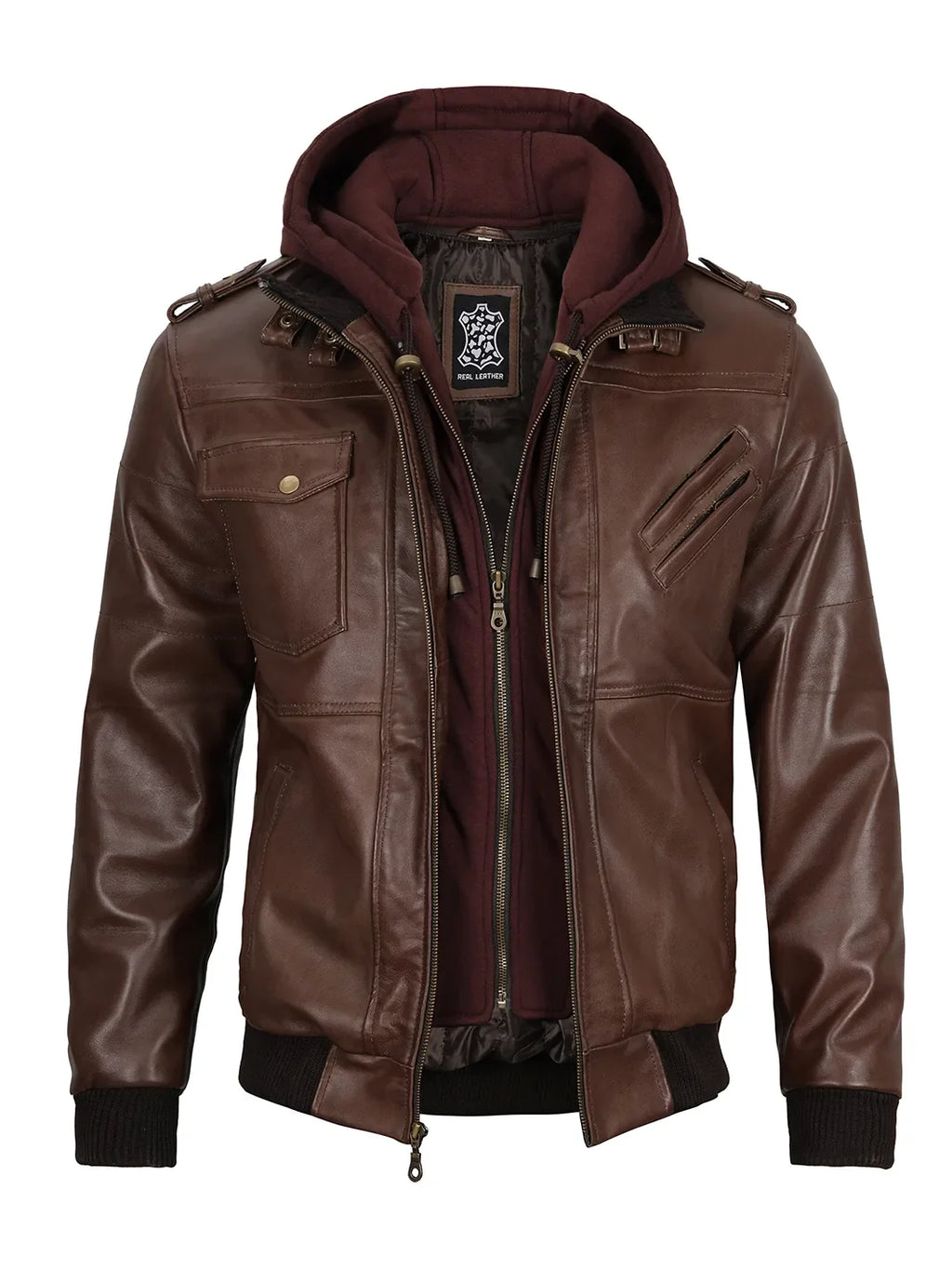 Edinburgh Men's Dark Brown Leather Bomber Jacket With Removable Hood