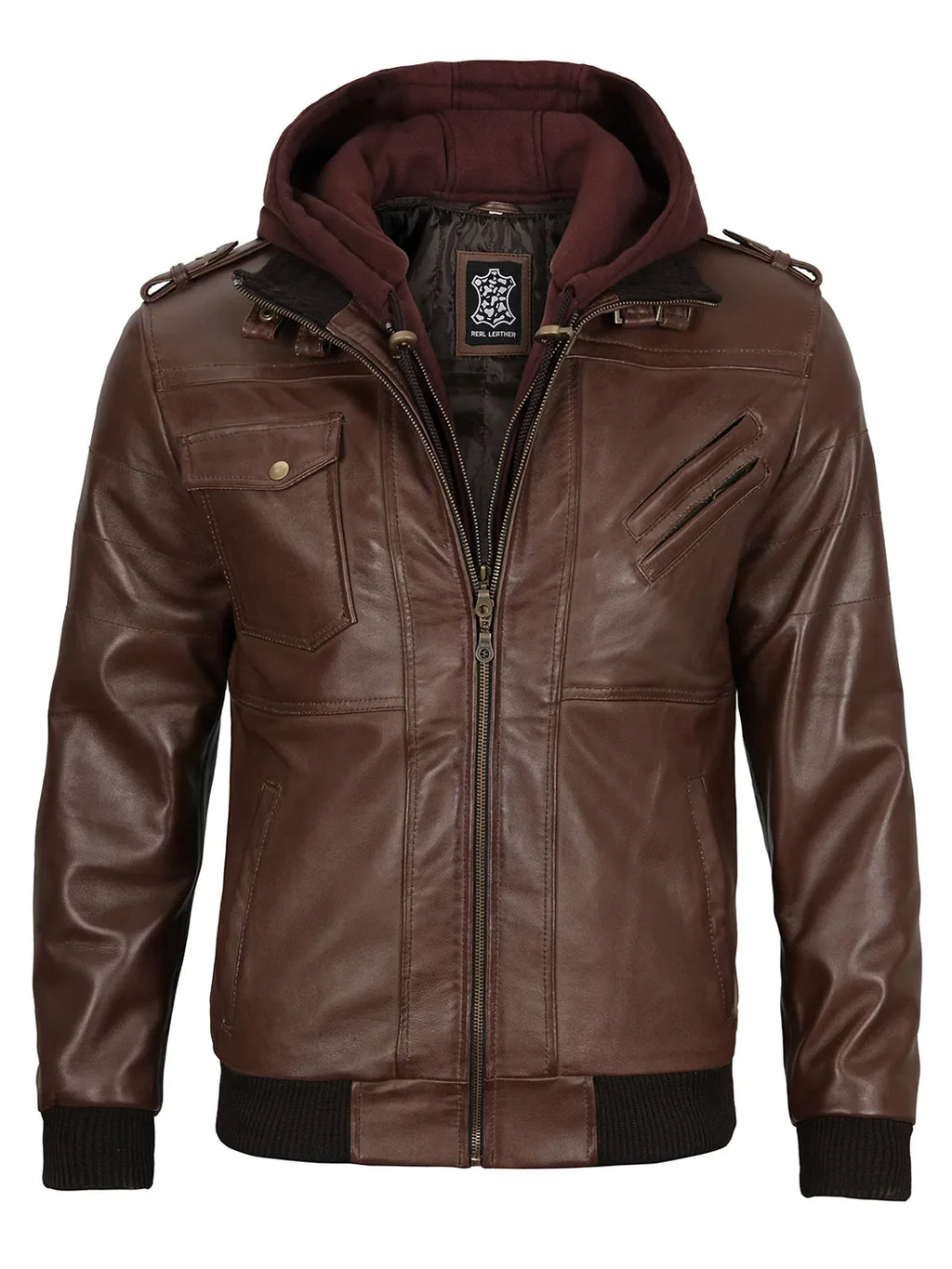 Edinburgh Men's Dark Brown Leather Bomber Jacket With Removable Hood
