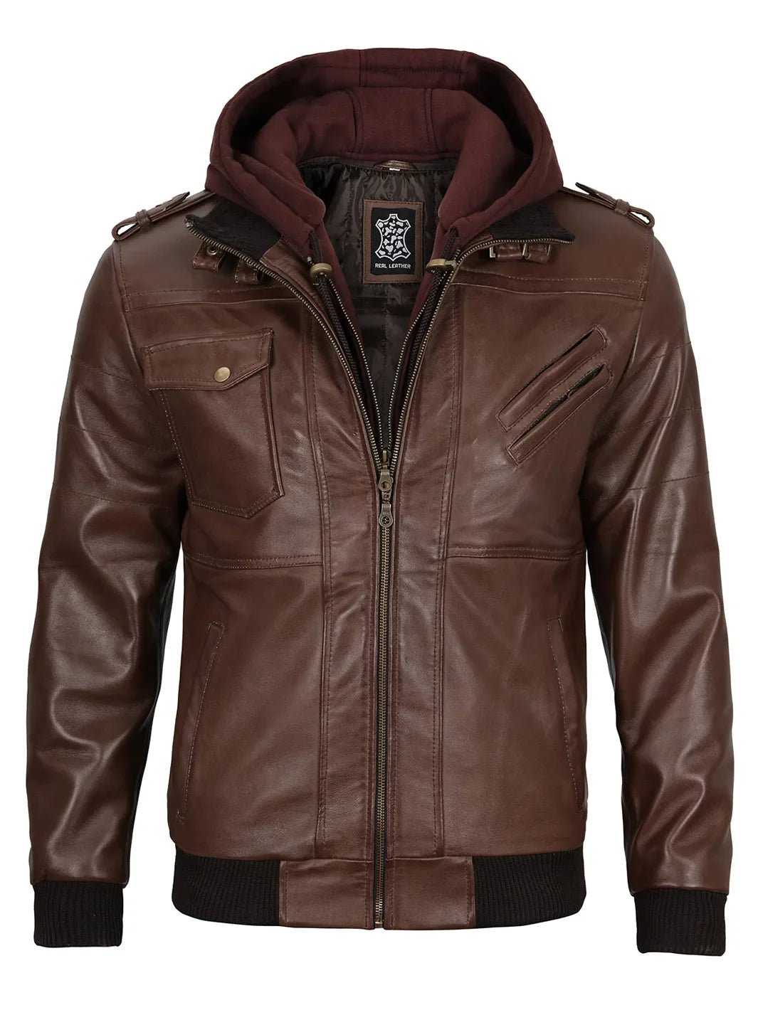 Edinburgh Men's Dark Brown Leather Bomber Jacket With Removable Hood