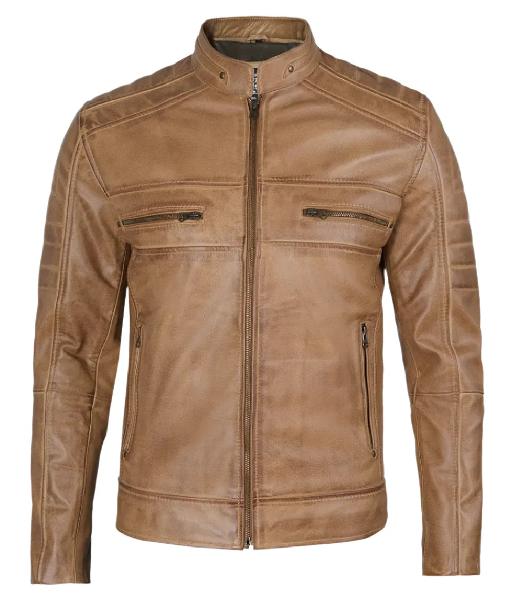 Austin Mens Distressed Tan Brown Cafe Racer Real Leather Jacket