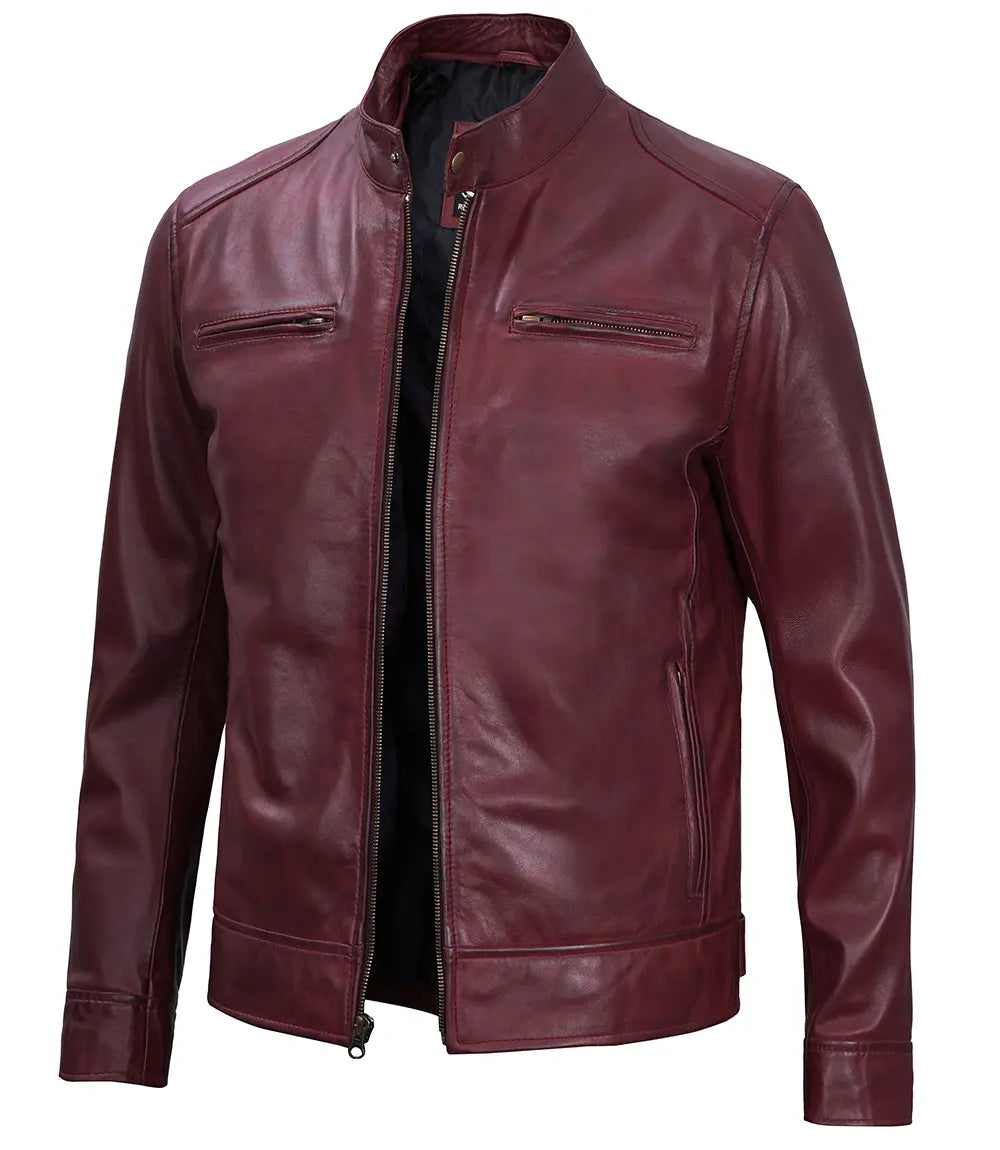 Dodge Men's Burgundy Cafe Racer Style Leather Jacket
