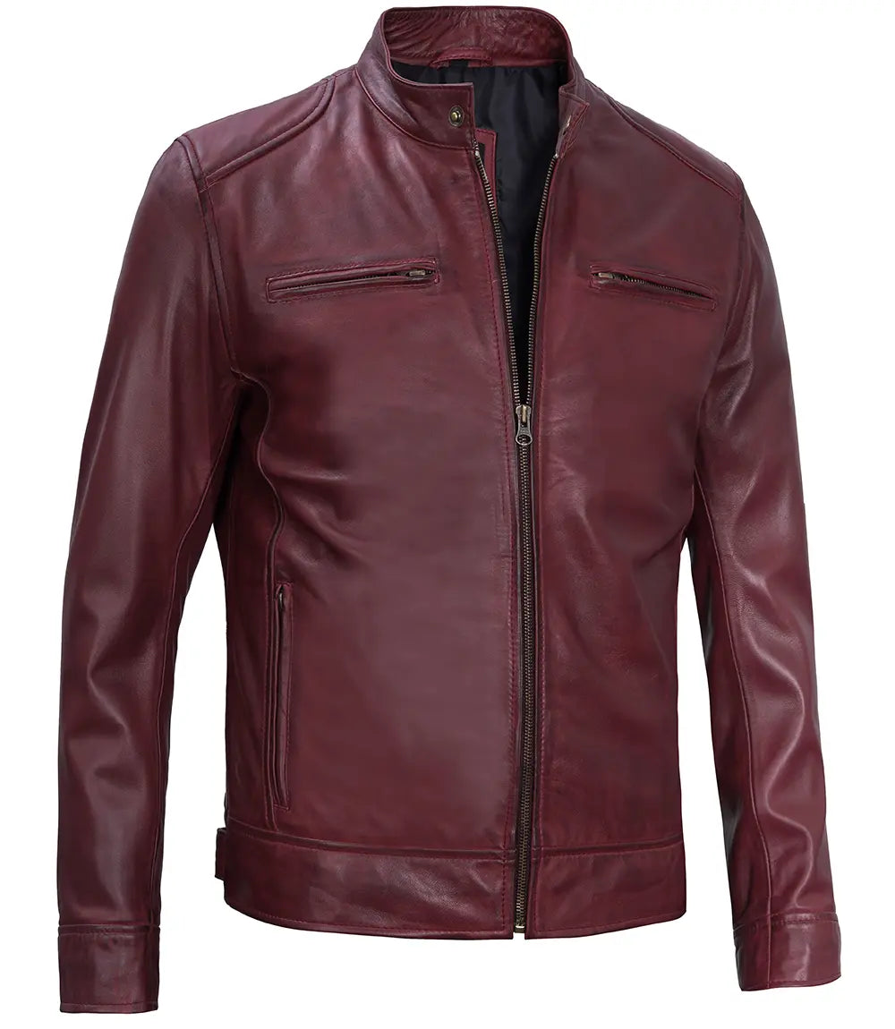 Dodge Men's Burgundy Cafe Racer Style Leather Jacket