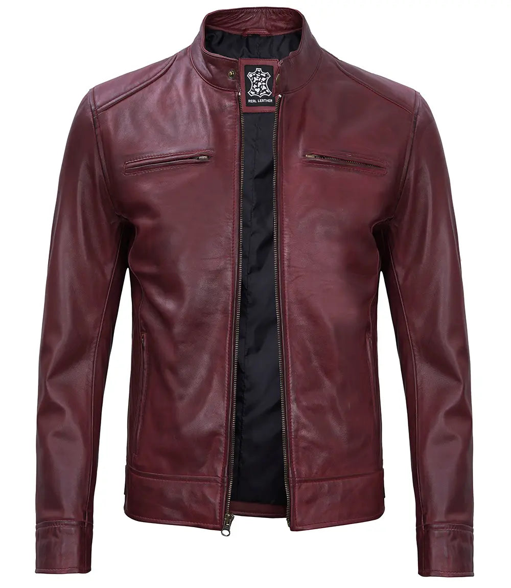 Dodge Men's Burgundy Cafe Racer Style Leather Jacket