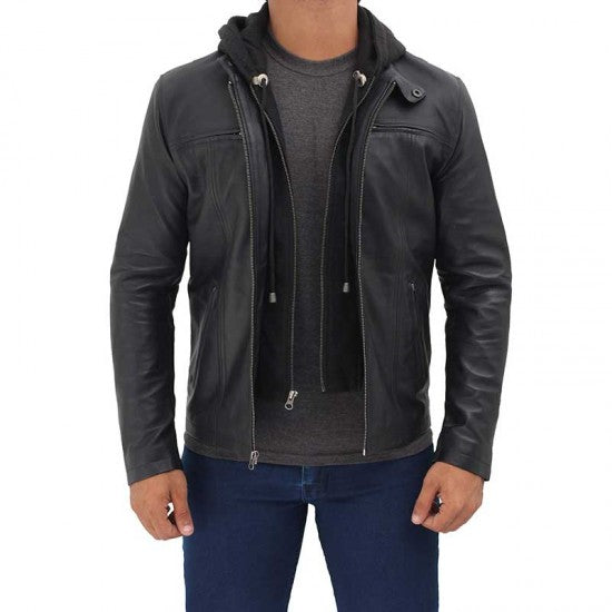 Jonathan Mens Black Cafe Racer Style Leather Jacket with Removable Hood
